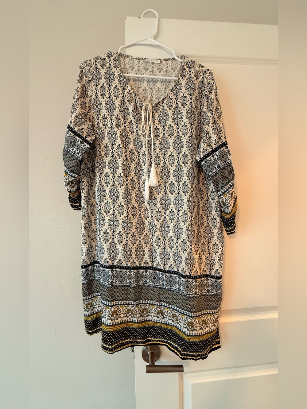 Boho Tassel Tie Printed Tunic Dress - Cream & Black with Mustard Accents